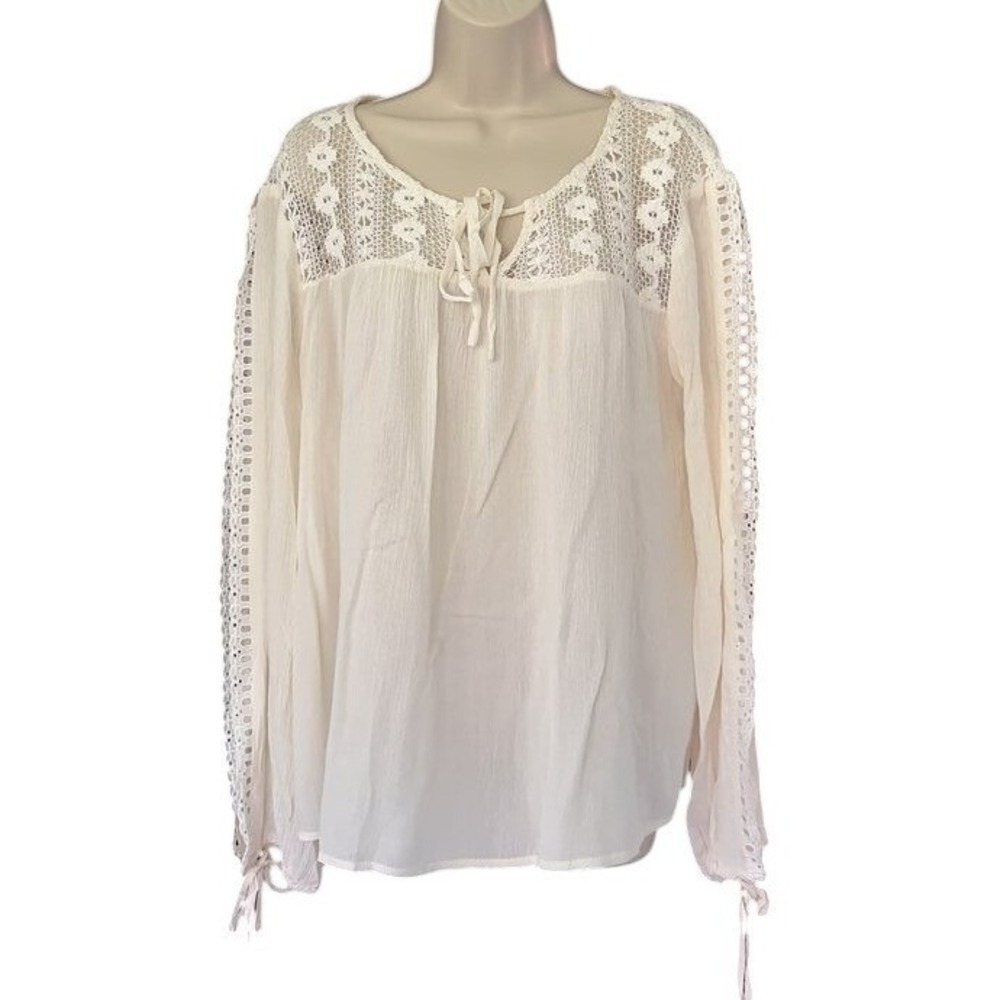 Loveriche White Cotton Gauze Crochet Lace Peasant Blouse Top LT23794‎ Large